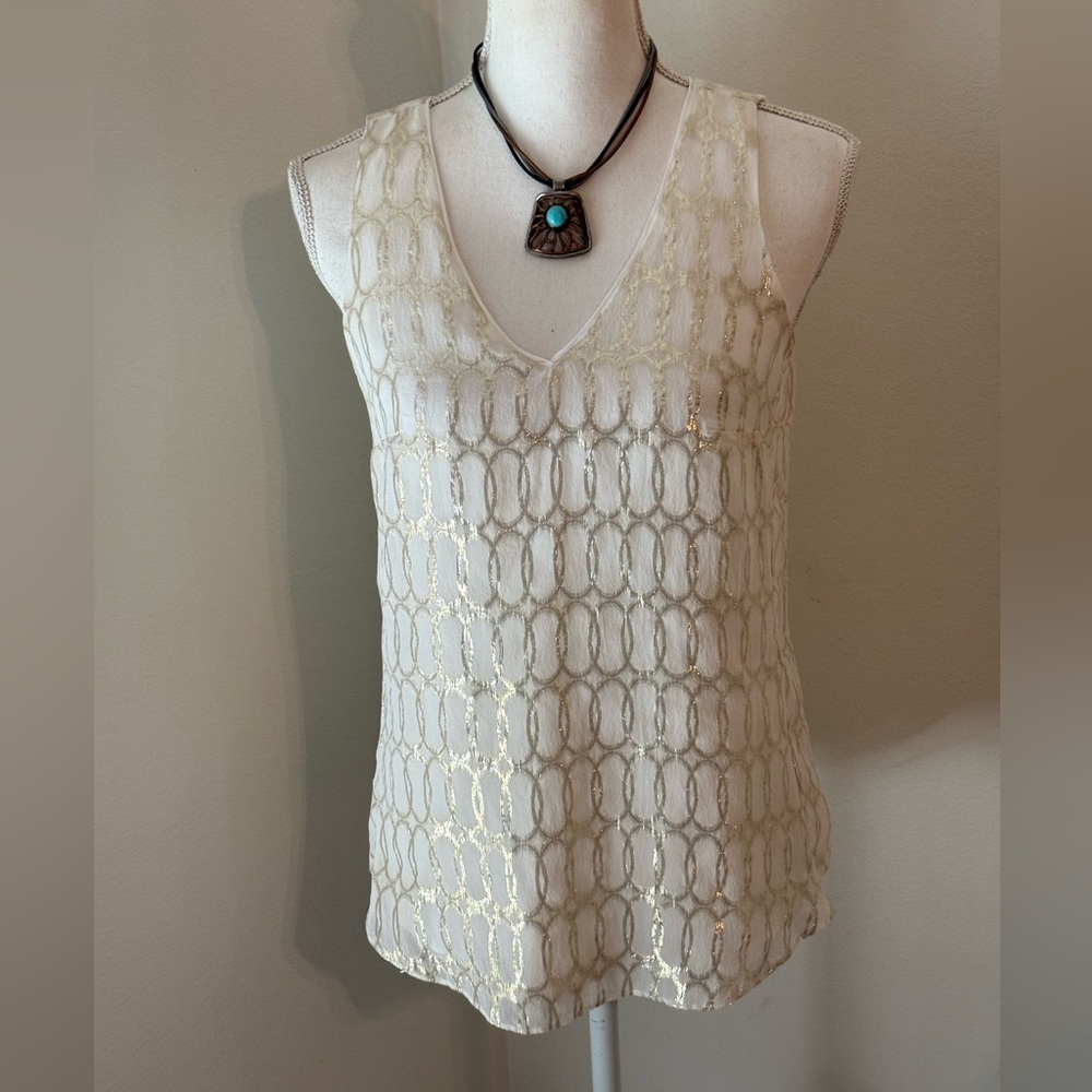 White House Black Market Cream Metallic Loop-Pattern V-Neck Camisole